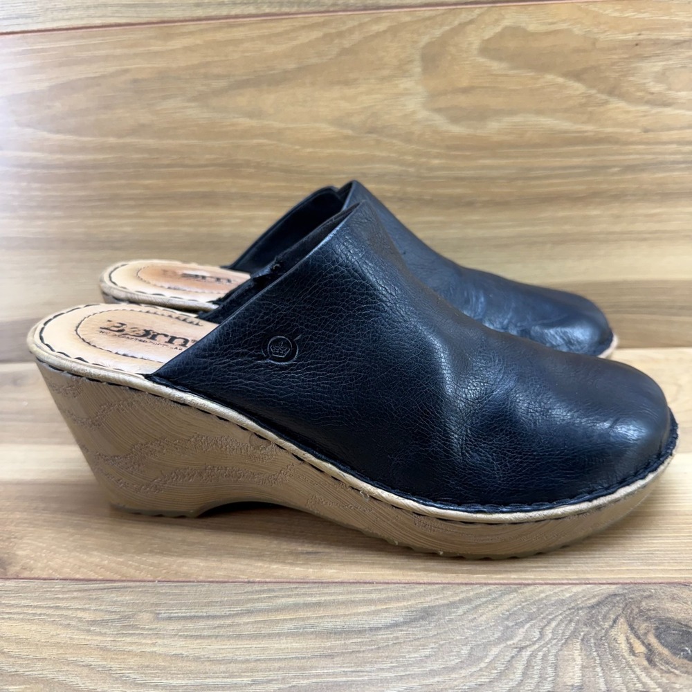 BORN Natalie Wedge Clogs Womens 10 M Black Leather Mules Slip On Comfort Shoes